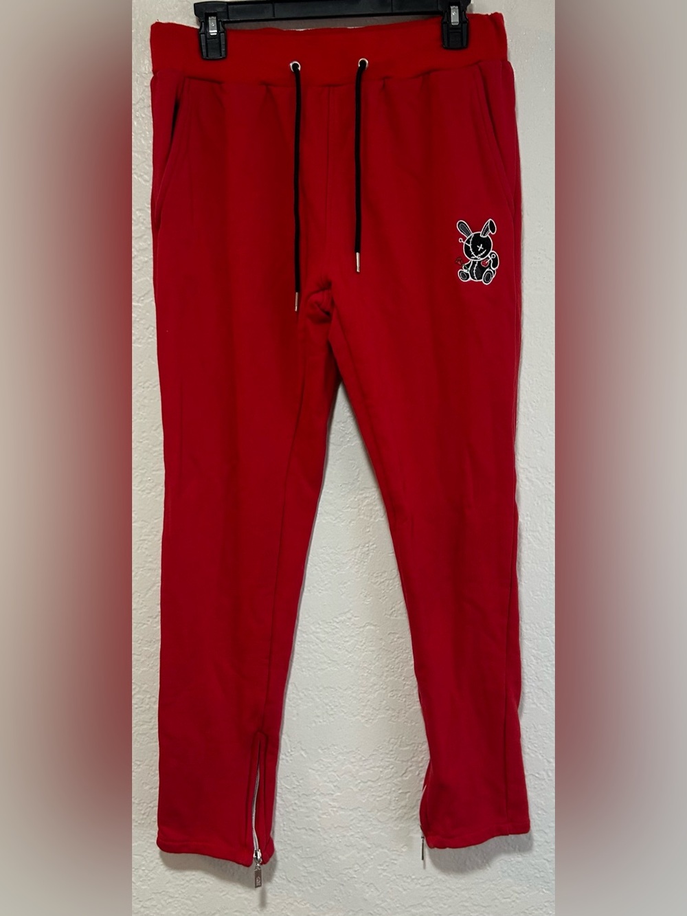 Lucky Charm Red Jogger Track Pants with Bunny Vodoo Doll